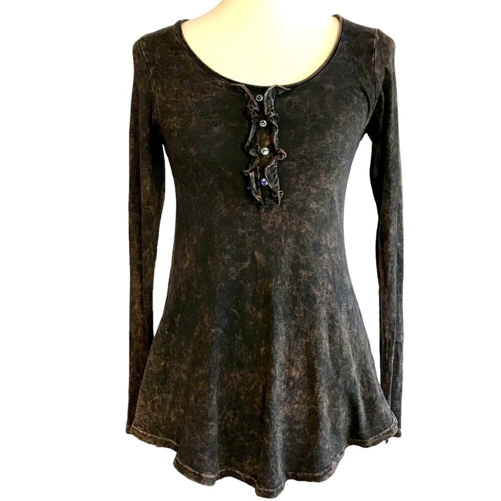 T Party Brown Stone Wash Burnout Long Sleeve Scoop Neck Fitted Tee-Shirt Small - Picture 1 of 13